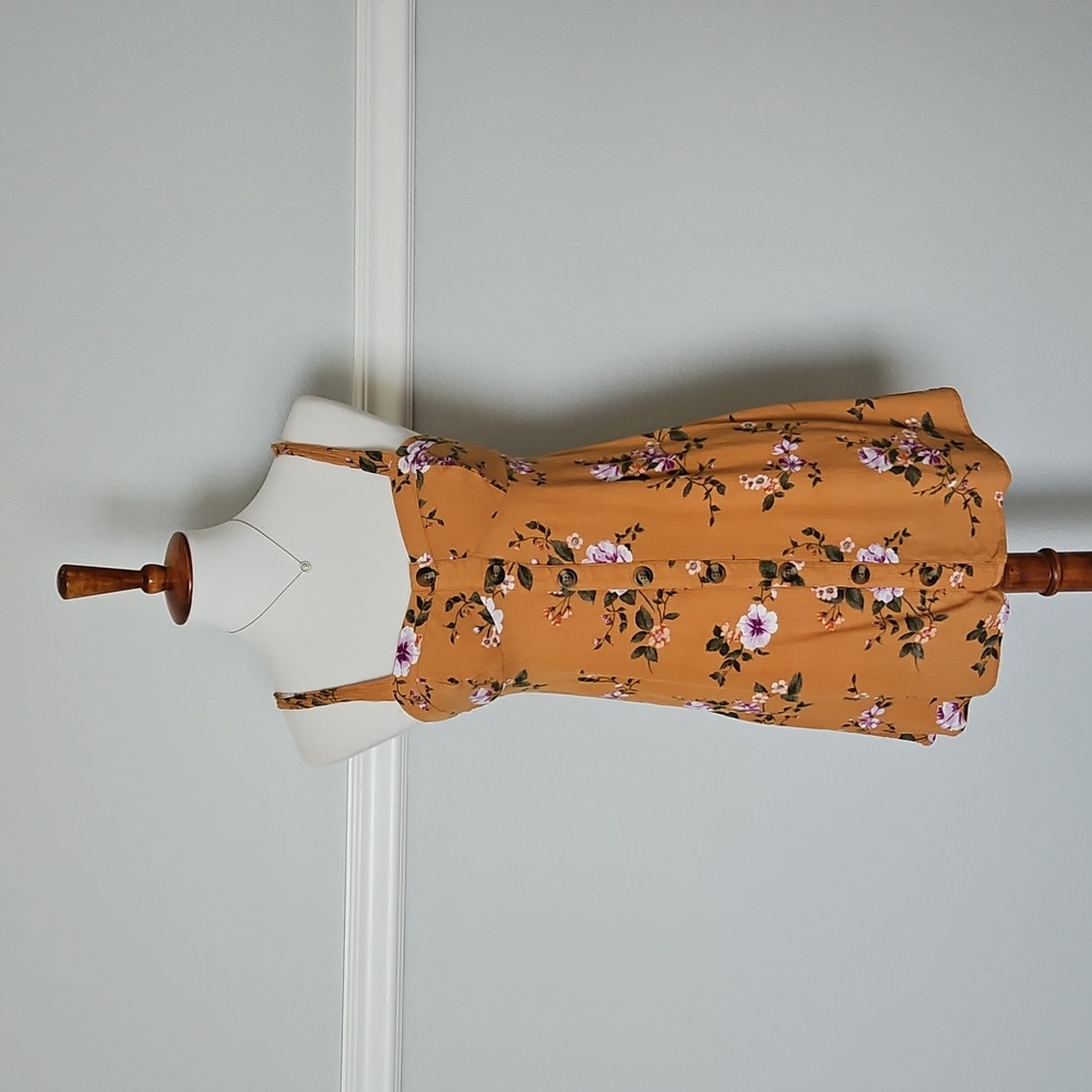 American Eagle Floral Print Faux Button Front Mini Dress Mustard Yellow XS